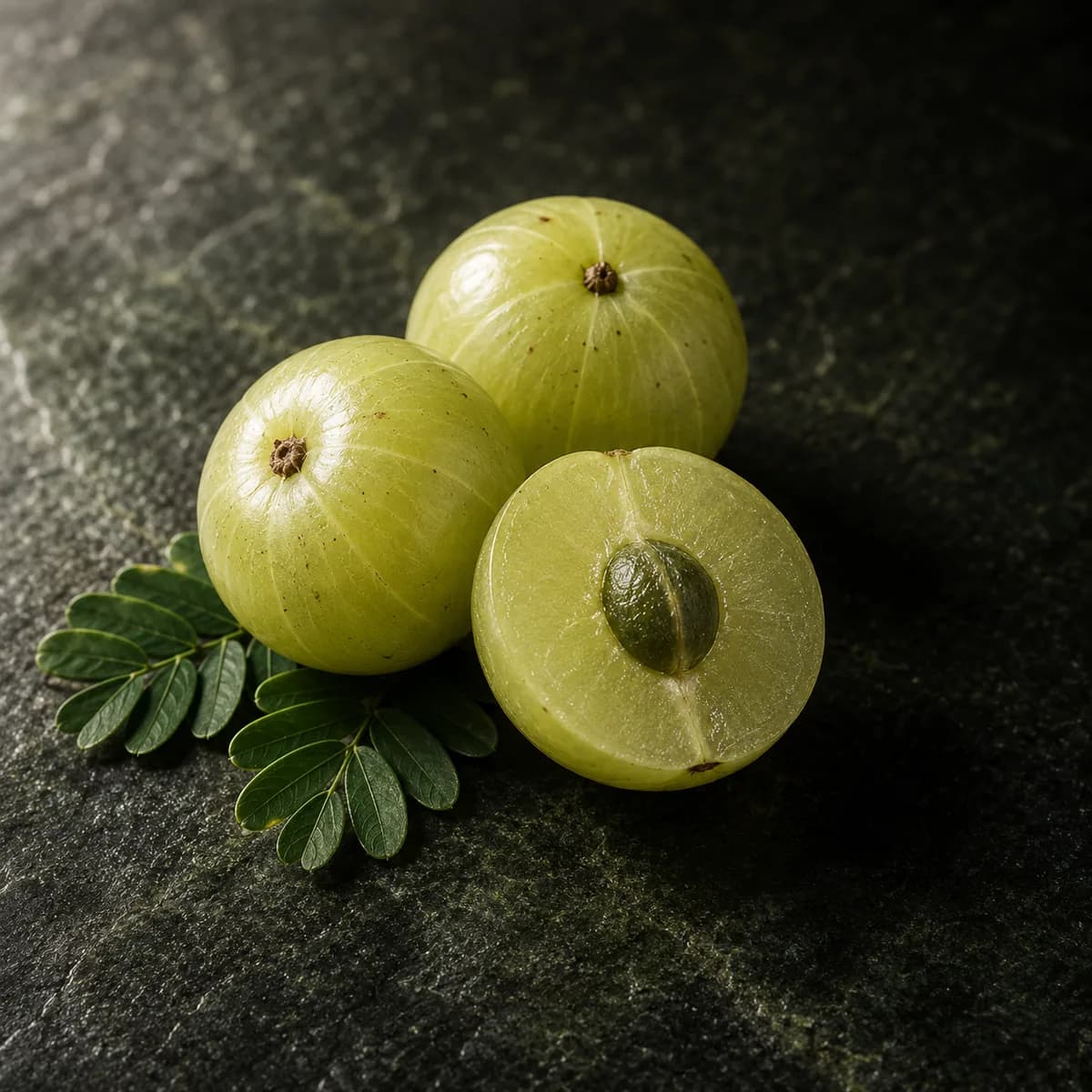 Fresh amla fruit, macro, on a dark stone surface